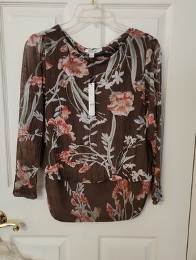 Chico's Brown Floral Pleated Long-Sleeve Fasgion Knit Blouse Top NWT Size 1